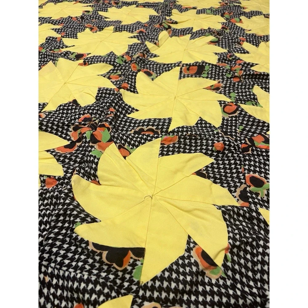 Vintage Homemade Quilt‎ Blanket 48x69 Yellow Pinwheel Star Houndstooth Grandma